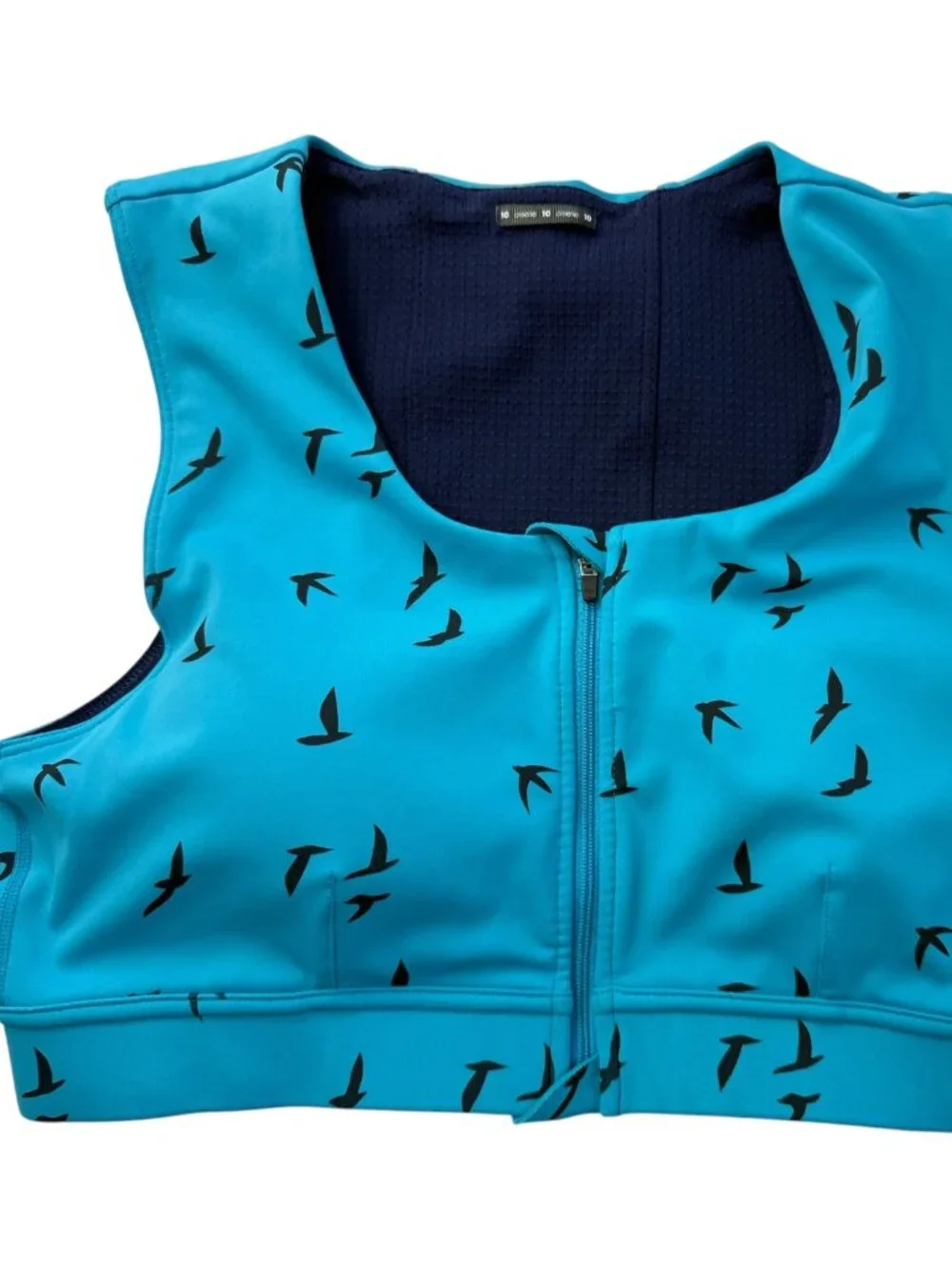 OISELLE Running Sports Bra.  Teal Blue. Bird Print. Size Women's 10 Front Zipper
